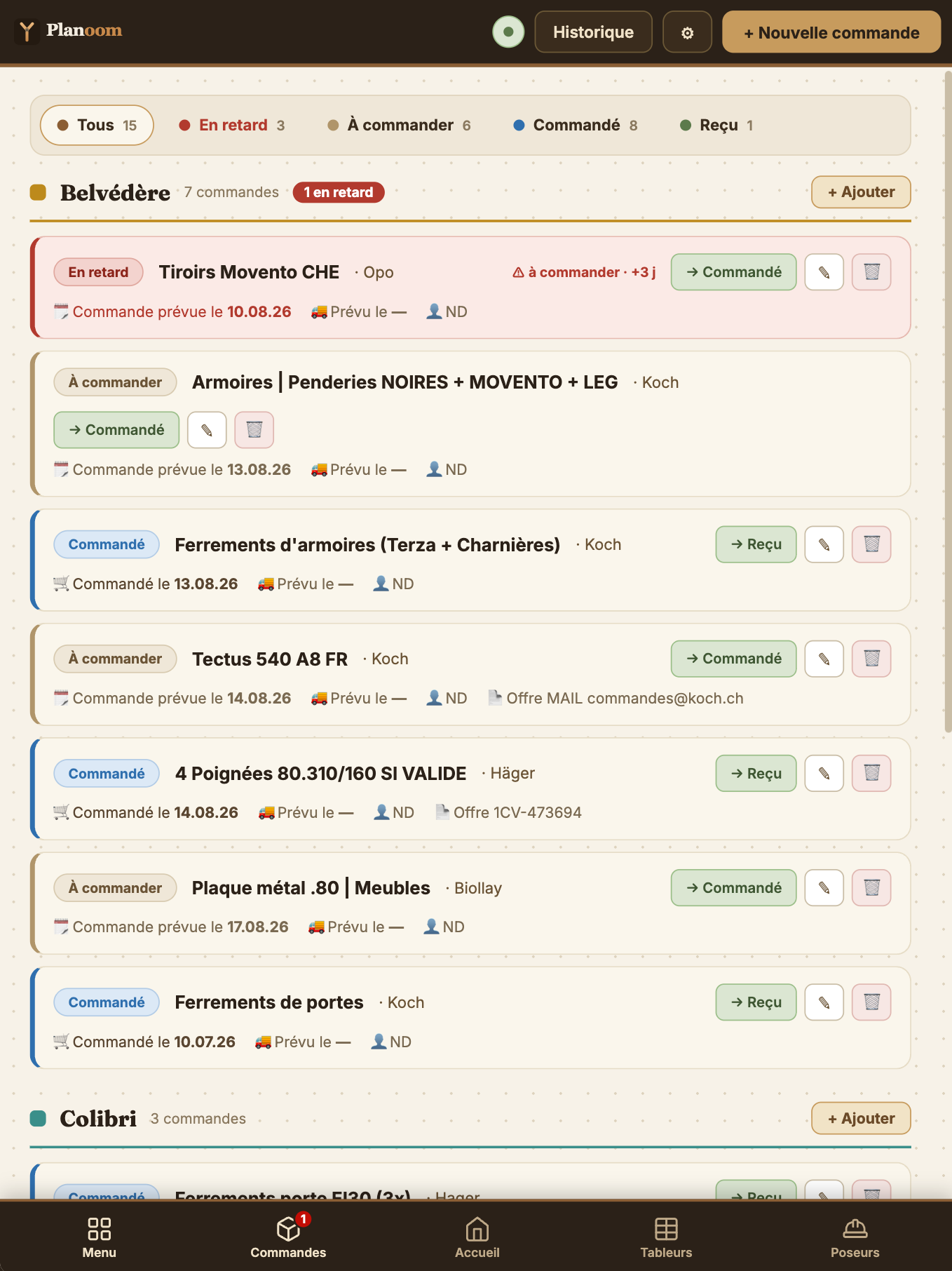 Commandes et livraisons sur tablette — suivi par chantier